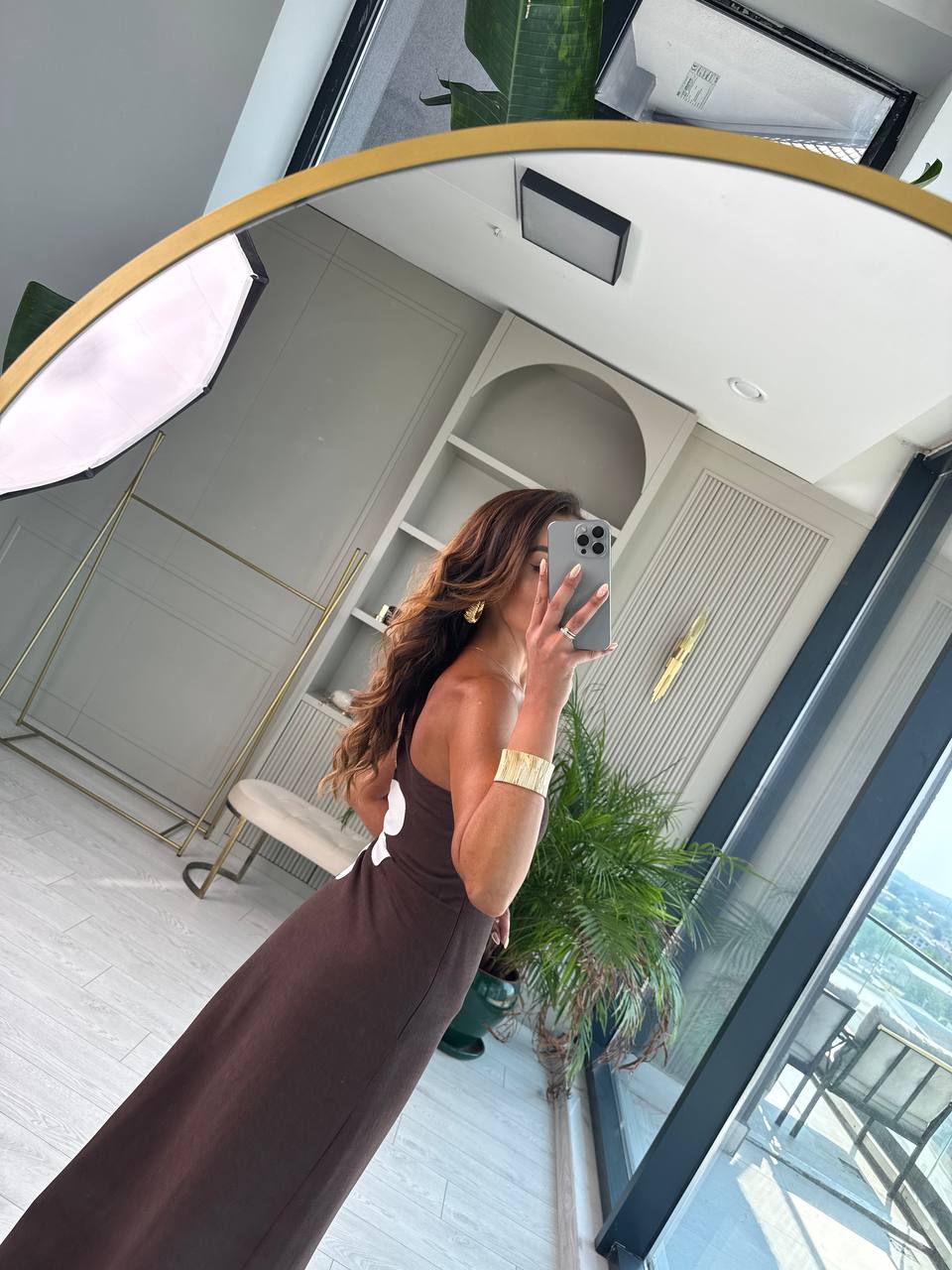 Kahverengi%20Çiçekli%20Bel%20Detay%20Astarlı%20Tok%20Keten%20Elbise