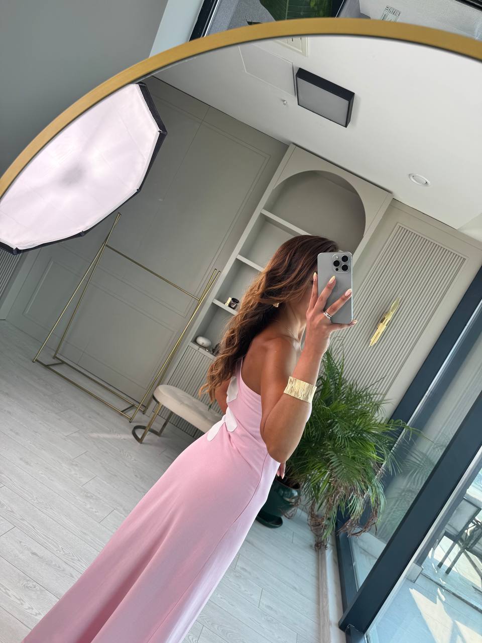 Pembe%20Çiçekli%20Bel%20Detay%20Astarlı%20Tok%20Keten%20Elbise