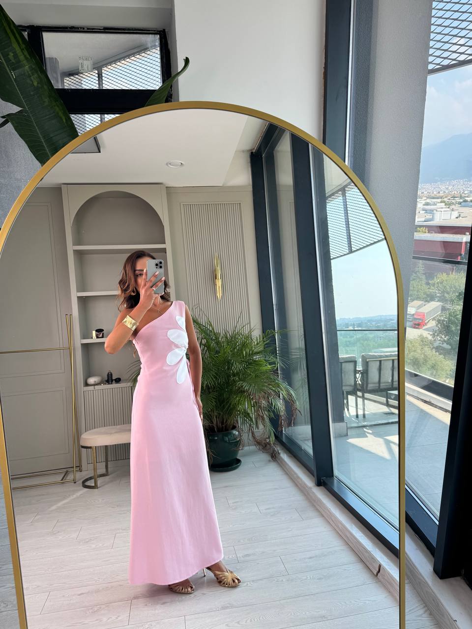Pembe%20Çiçekli%20Bel%20Detay%20Astarlı%20Tok%20Keten%20Elbise