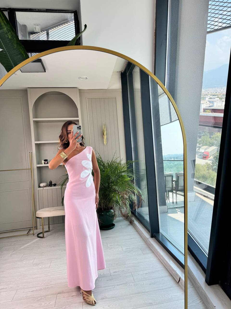 Pembe%20Çiçekli%20Bel%20Detay%20Astarlı%20Tok%20Keten%20Elbise