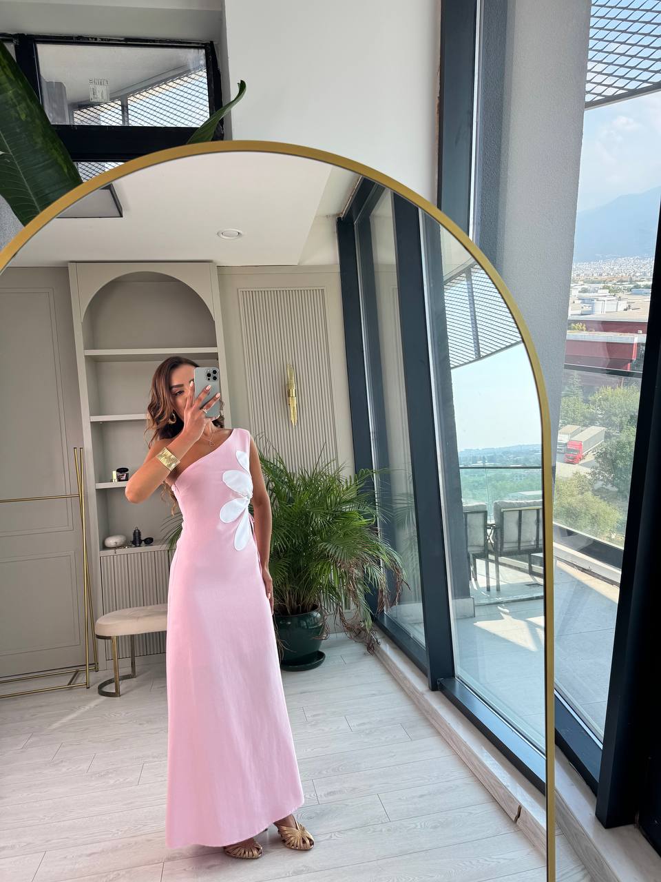 Pembe%20Çiçekli%20Bel%20Detay%20Astarlı%20Tok%20Keten%20Elbise