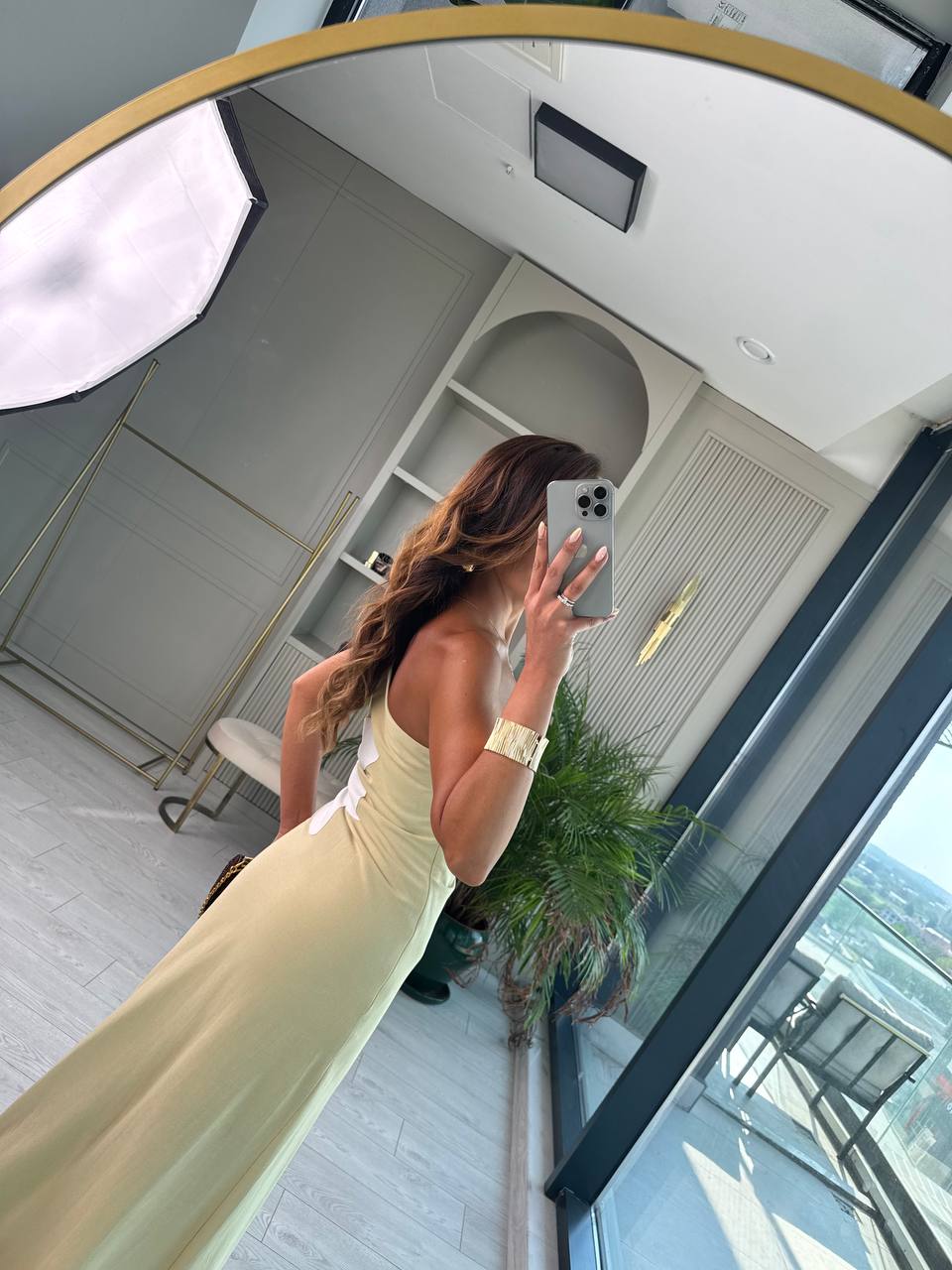 Yeşil%20Çiçekli%20Bel%20Detay%20Astarlı%20Tok%20Keten%20Elbise