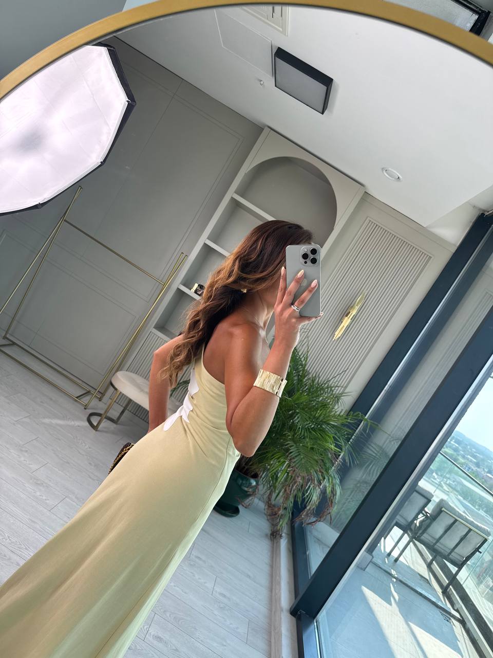 Yeşil%20Çiçekli%20Bel%20Detay%20Astarlı%20Tok%20Keten%20Elbise
