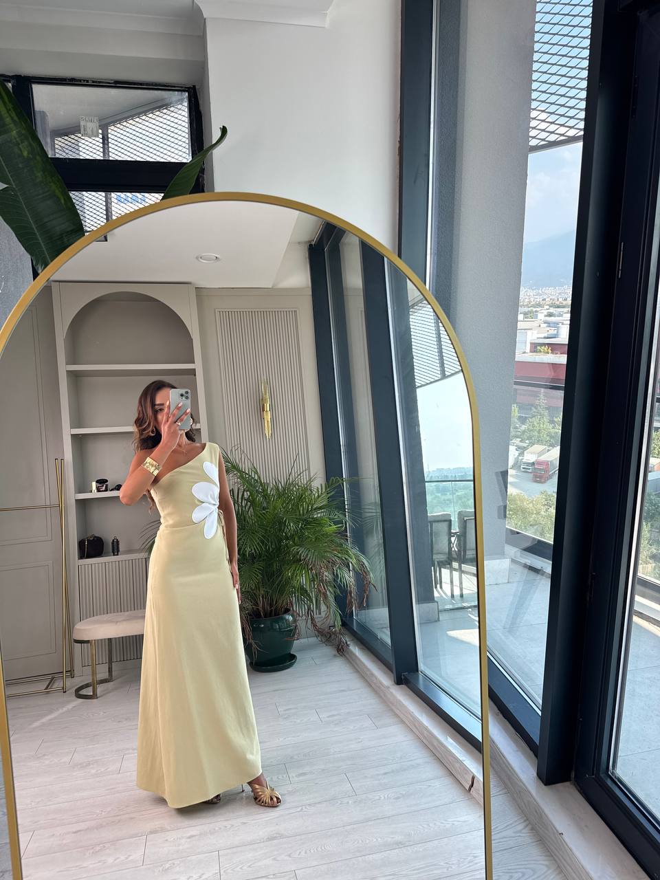Yeşil%20Çiçekli%20Bel%20Detay%20Astarlı%20Tok%20Keten%20Elbise