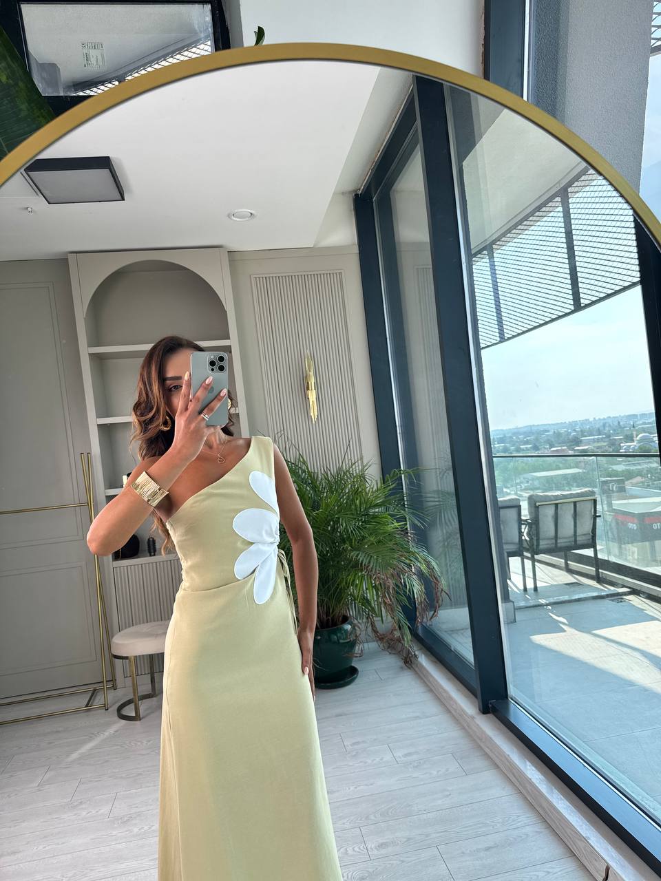 Yeşil%20Çiçekli%20Bel%20Detay%20Astarlı%20Tok%20Keten%20Elbise