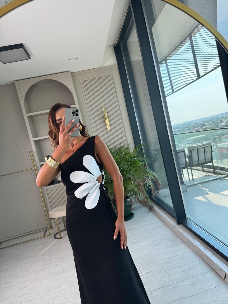 Siyah%20Çiçekli%20Bel%20Detay%20Astarlı%20Tok%20Keten%20Elbise