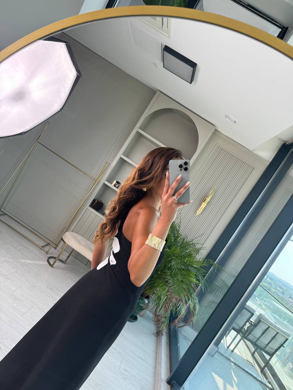 Siyah%20Çiçekli%20Bel%20Detay%20Astarlı%20Tok%20Keten%20Elbise
