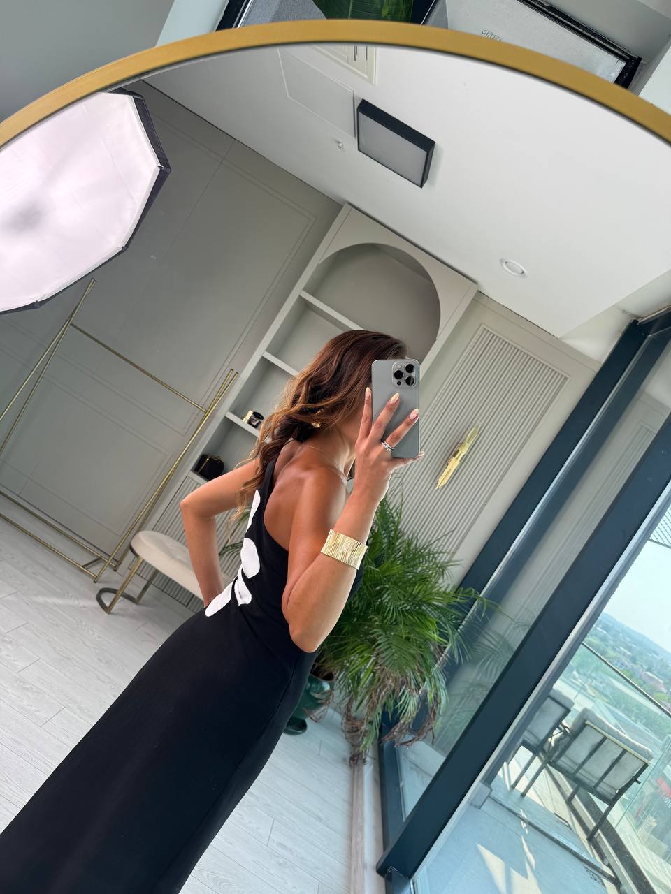 Siyah%20Çiçekli%20Bel%20Detay%20Astarlı%20Tok%20Keten%20Elbise