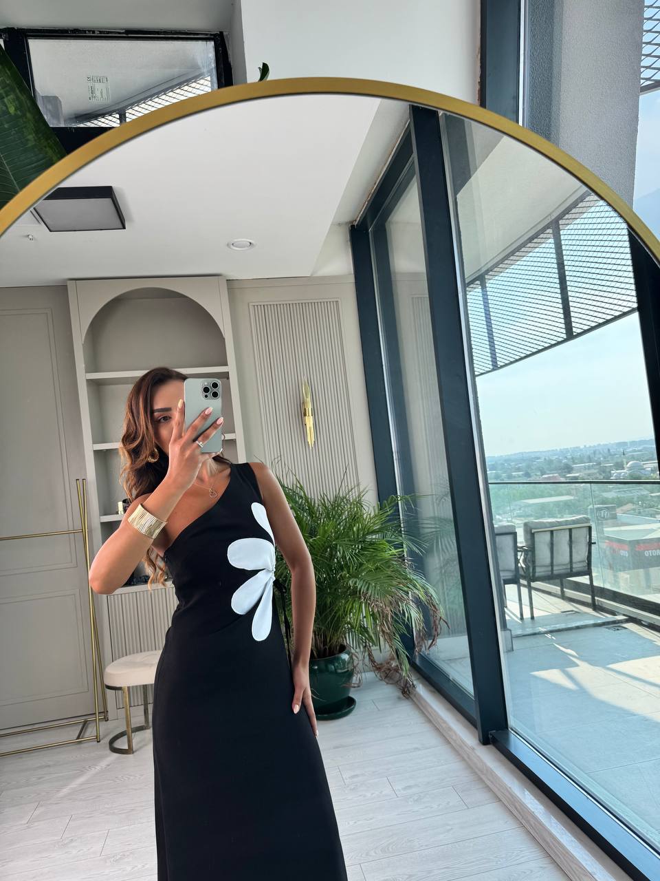 Siyah%20Çiçekli%20Bel%20Detay%20Astarlı%20Tok%20Keten%20Elbise