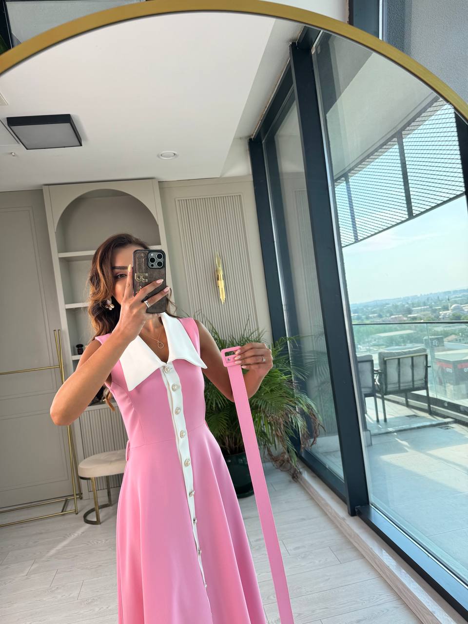 Barbie%20Pembe%20inci%20Taş%20Düğme%20Detaylı%20Lüks%20Kalite%20Kemerli%20Kloş%20Elbise