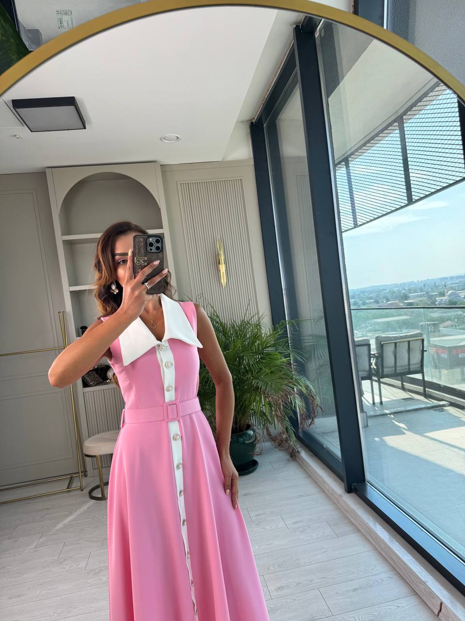 Barbie%20Pembe%20inci%20Taş%20Düğme%20Detaylı%20Lüks%20Kalite%20Kemerli%20Kloş%20Elbise