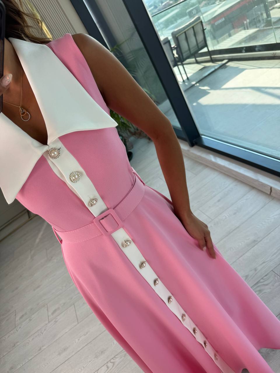 Barbie%20Pembe%20inci%20Taş%20Düğme%20Detaylı%20Lüks%20Kalite%20Kemerli%20Kloş%20Elbise