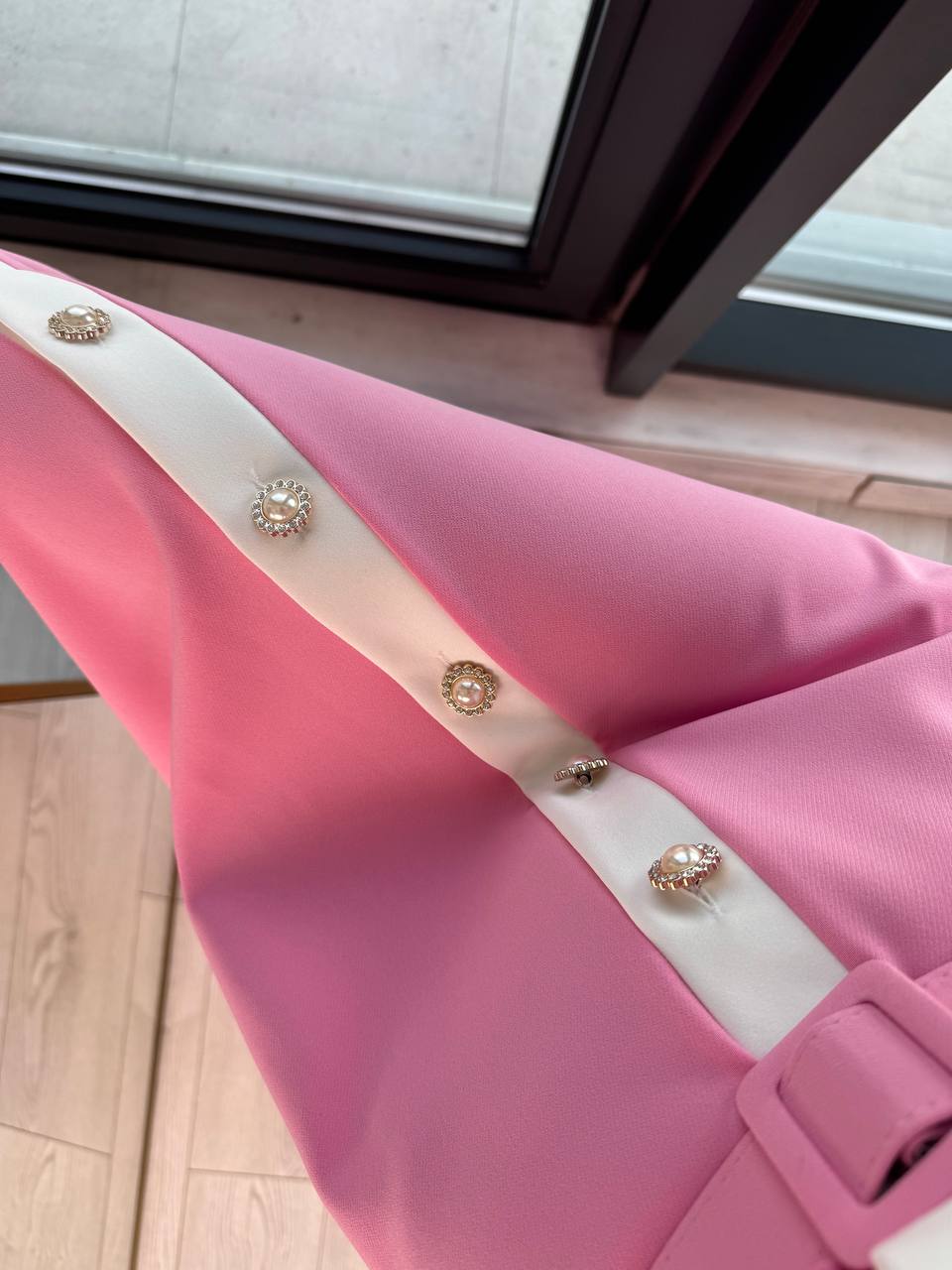 Barbie%20Pembe%20inci%20Taş%20Düğme%20Detaylı%20Lüks%20Kalite%20Kemerli%20Kloş%20Elbise