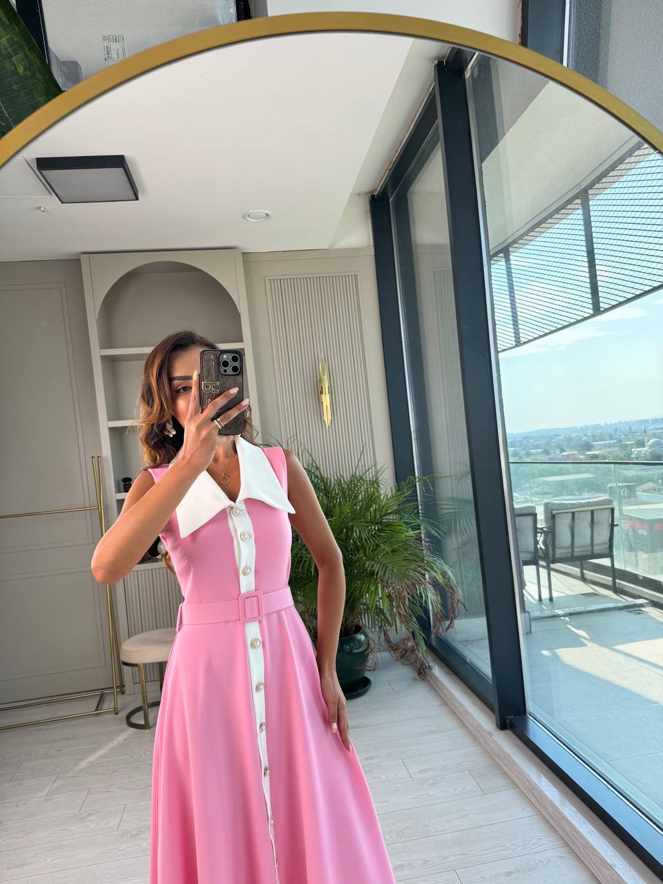 Barbie%20Pembe%20inci%20Taş%20Düğme%20Detaylı%20Lüks%20Kalite%20Kemerli%20Kloş%20Elbise