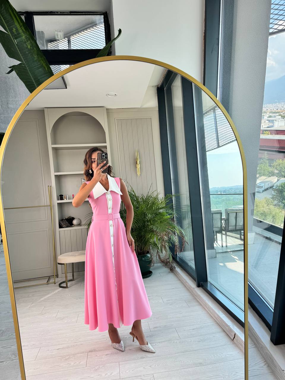 Barbie%20Pembe%20inci%20Taş%20Düğme%20Detaylı%20Lüks%20Kalite%20Kemerli%20Kloş%20Elbise