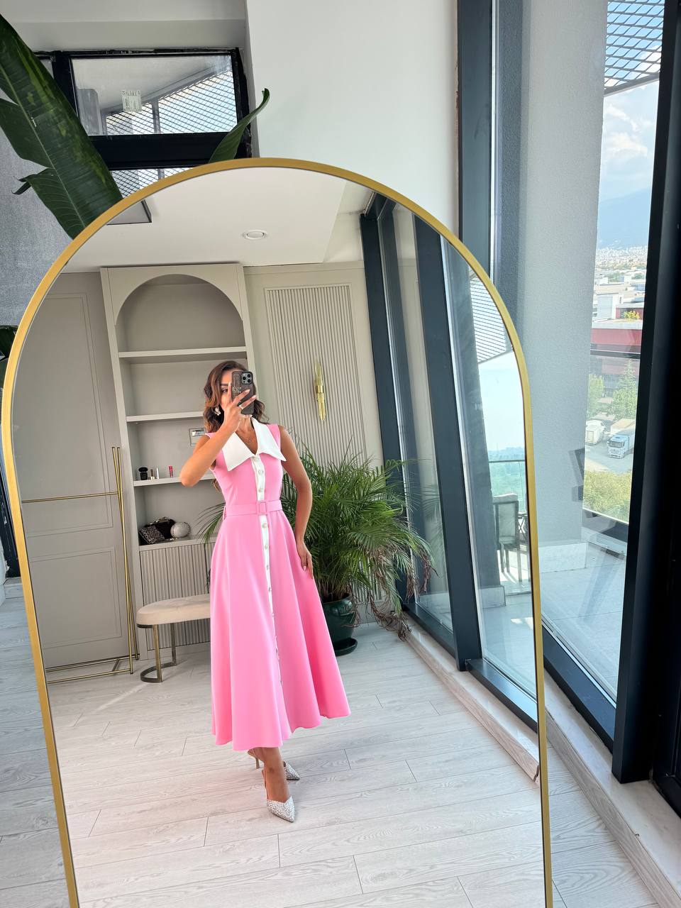 Barbie%20Pembe%20inci%20Taş%20Düğme%20Detaylı%20Lüks%20Kalite%20Kemerli%20Kloş%20Elbise