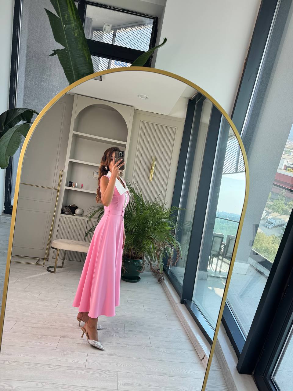 Barbie%20Pembe%20inci%20Taş%20Düğme%20Detaylı%20Lüks%20Kalite%20Kemerli%20Kloş%20Elbise