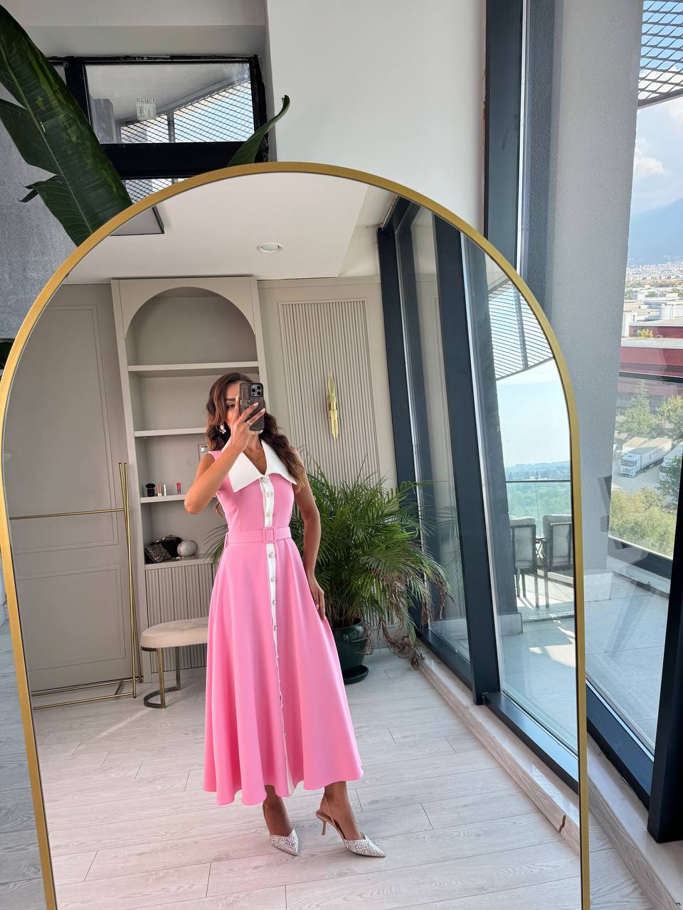 Barbie%20Pembe%20inci%20Taş%20Düğme%20Detaylı%20Lüks%20Kalite%20Kemerli%20Kloş%20Elbise