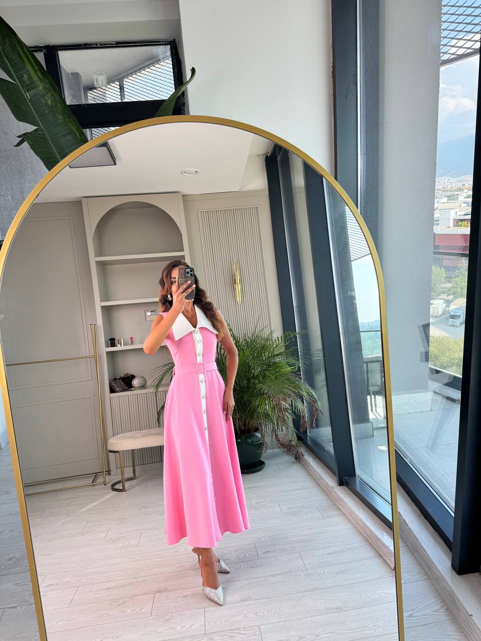 Barbie%20Pembe%20inci%20Taş%20Düğme%20Detaylı%20Lüks%20Kalite%20Kemerli%20Kloş%20Elbise