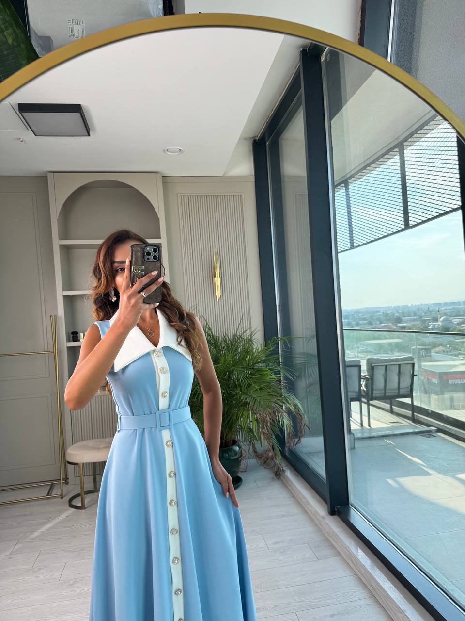 Bebe%20Mavi%20inci%20Taş%20Düğme%20Detaylı%20Lüks%20Kalite%20Kemerli%20Kloş%20Elbise