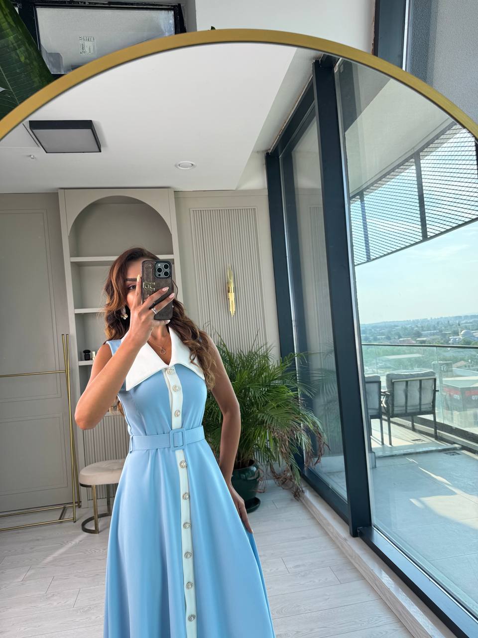 Bebe%20Mavi%20inci%20Taş%20Düğme%20Detaylı%20Lüks%20Kalite%20Kemerli%20Kloş%20Elbise