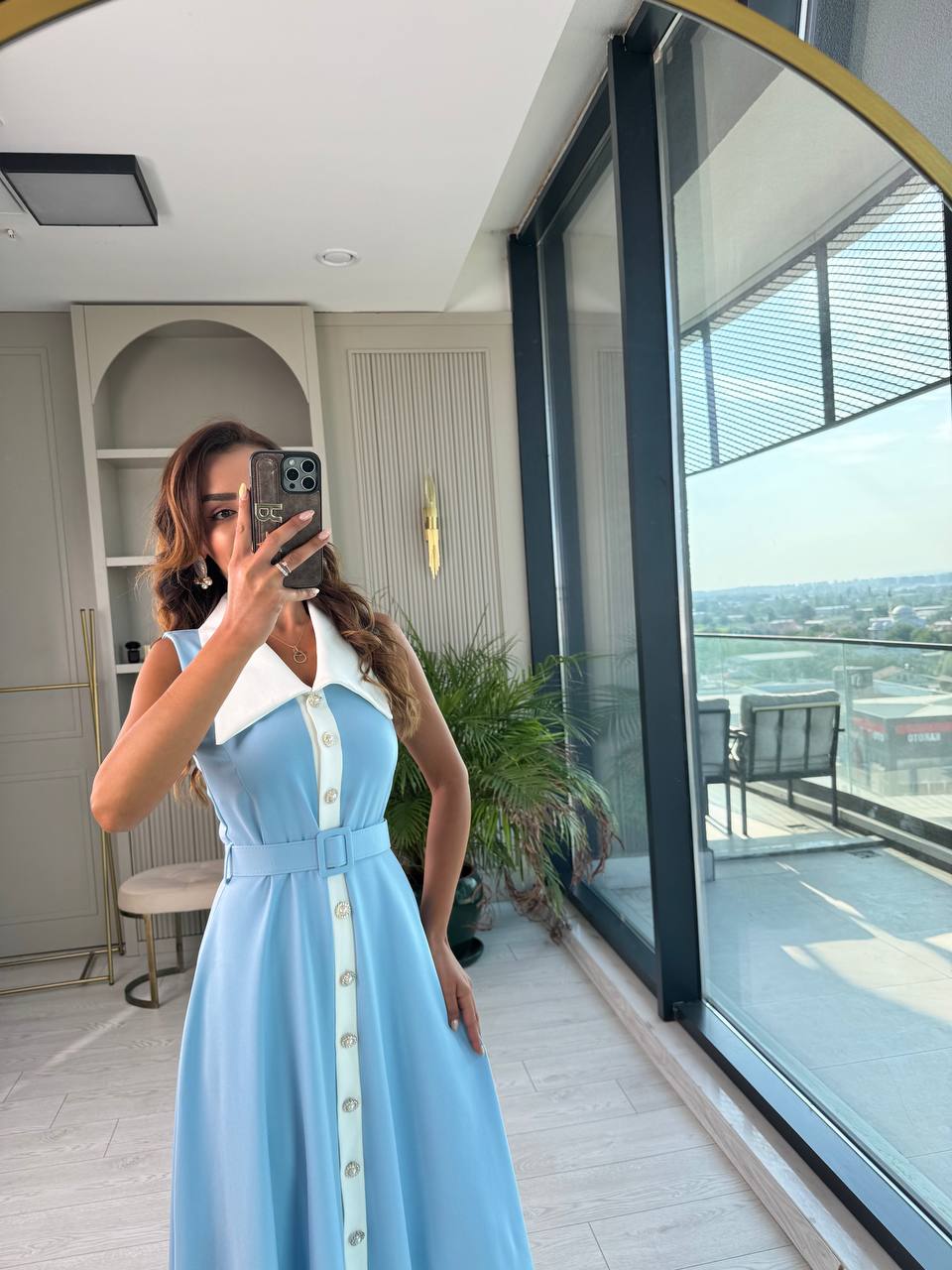 Bebe%20Mavi%20inci%20Taş%20Düğme%20Detaylı%20Lüks%20Kalite%20Kemerli%20Kloş%20Elbise