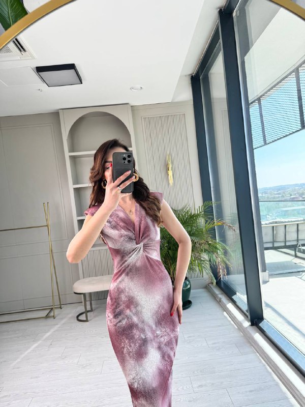 Pembe%20Gül%20Kurusu%20Desenli%20Düğüm%20Detay%20Astarlı%20Elbise
