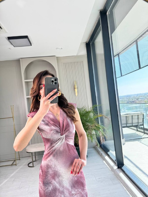Pembe%20Gül%20Kurusu%20Desenli%20Düğüm%20Detay%20Astarlı%20Elbise