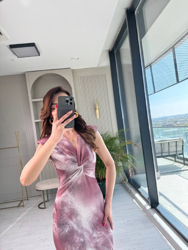 Pembe%20Gül%20Kurusu%20Desenli%20Düğüm%20Detay%20Astarlı%20Elbise