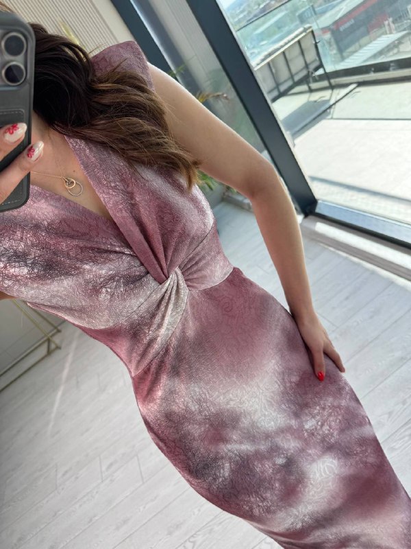 Pembe%20Gül%20Kurusu%20Desenli%20Düğüm%20Detay%20Astarlı%20Elbise