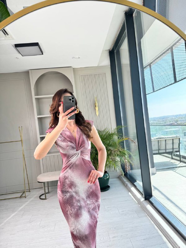 Pembe%20Gül%20Kurusu%20Desenli%20Düğüm%20Detay%20Astarlı%20Elbise