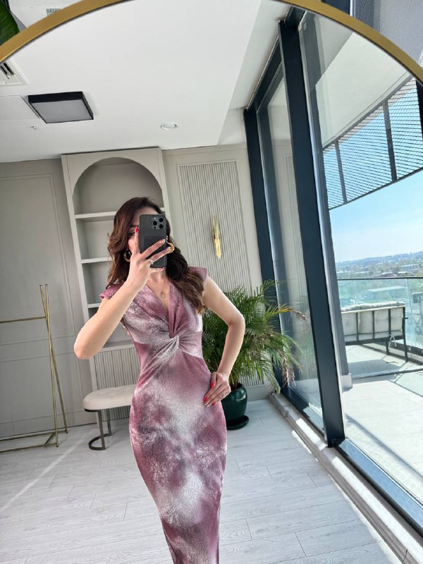 Pembe%20Gül%20Kurusu%20Desenli%20Düğüm%20Detay%20Astarlı%20Elbise
