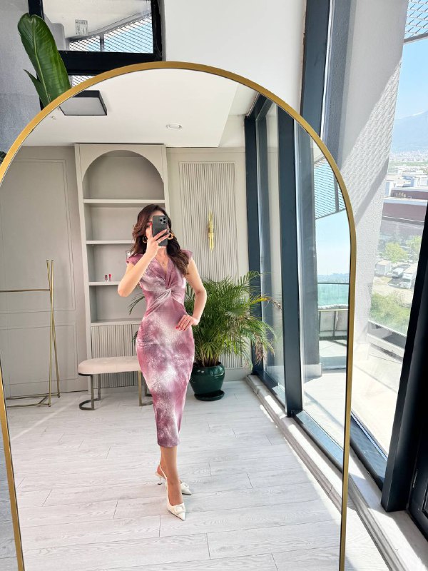 Pembe%20Gül%20Kurusu%20Desenli%20Düğüm%20Detay%20Astarlı%20Elbise