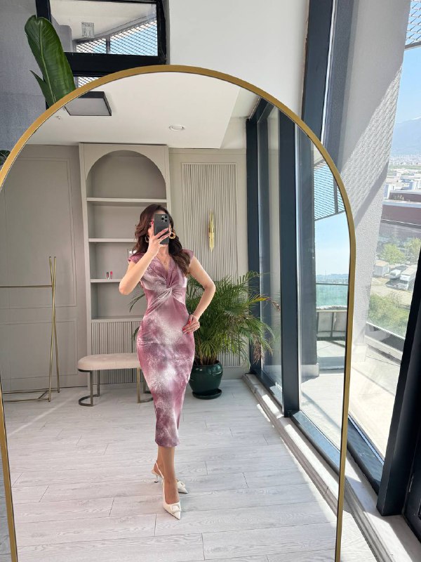 Pembe%20Gül%20Kurusu%20Desenli%20Düğüm%20Detay%20Astarlı%20Elbise