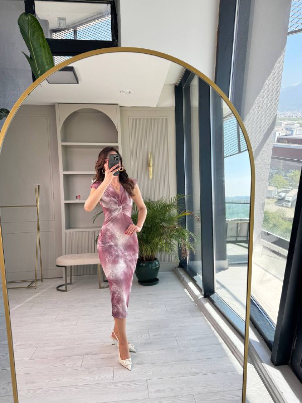 Pembe%20Gül%20Kurusu%20Desenli%20Düğüm%20Detay%20Astarlı%20Elbise