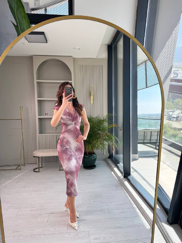 Pembe%20Gül%20Kurusu%20Desenli%20Düğüm%20Detay%20Astarlı%20Elbise
