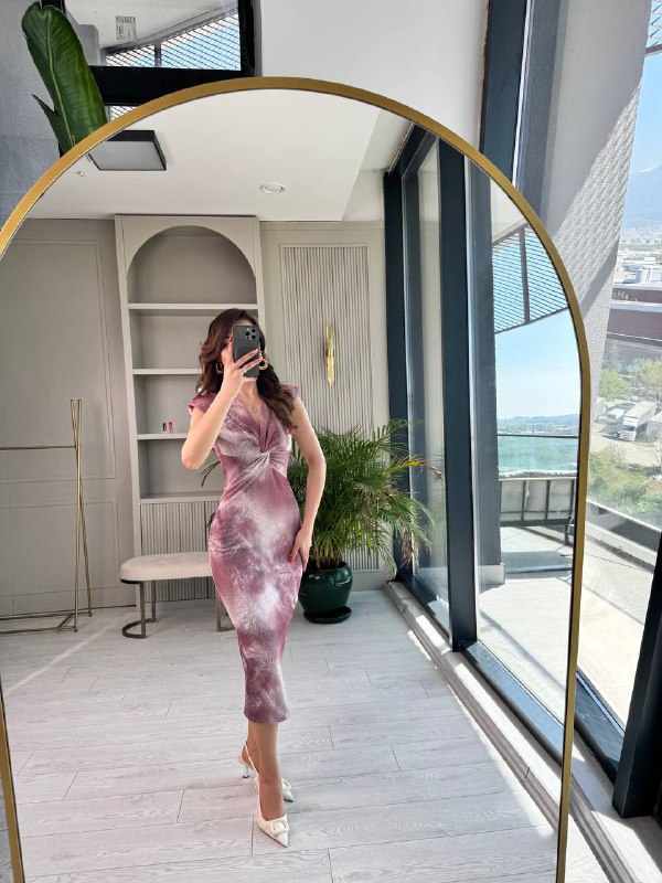 Pembe%20Gül%20Kurusu%20Desenli%20Düğüm%20Detay%20Astarlı%20Elbise
