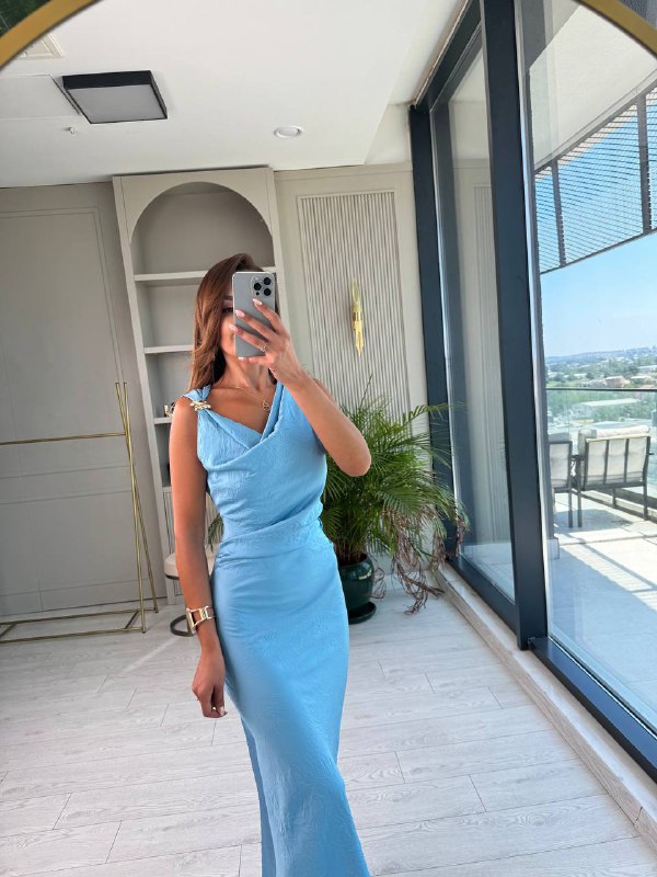 Mavi%20Degaje%20Yaka%20Zara%20Model%20Saten%20Elbise
