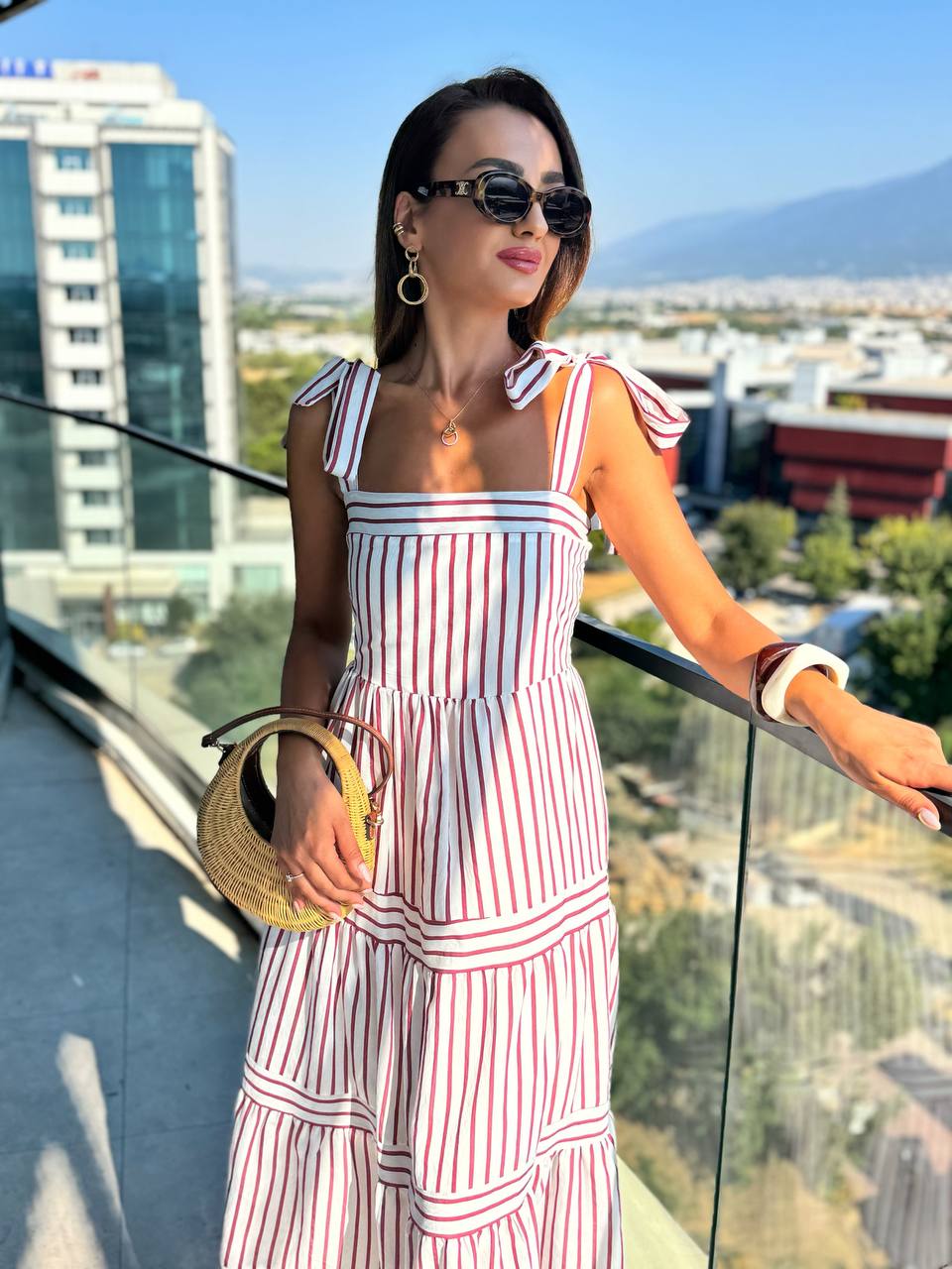 Bordo%20Çizgili%20Omuz%20Bağlamalı%20Astarlı%20Pamuklu%20Elbise
