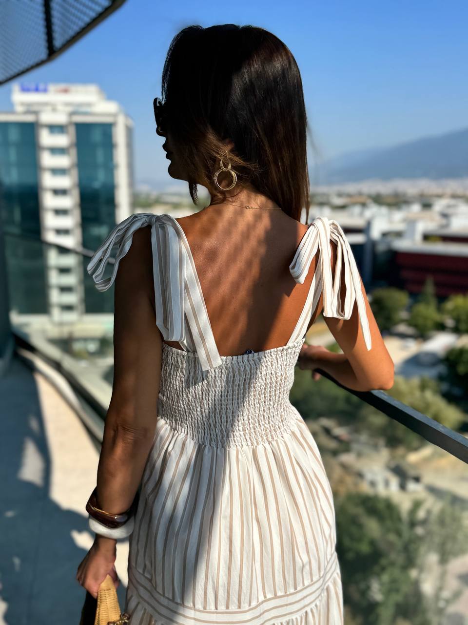 Vizon%20Çizgili%20Omuz%20Bağlamalı%20Astarlı%20Pamuklu%20Elbise