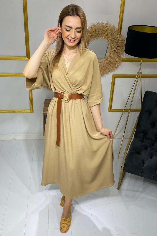 Camel%20Kemerli%20Keten%20Elbise