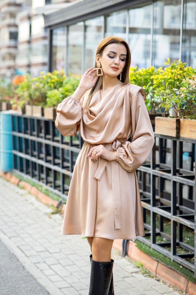 Camel%20Degaje%20Yaka%20%20Astarlı%20Saten%20Elbise