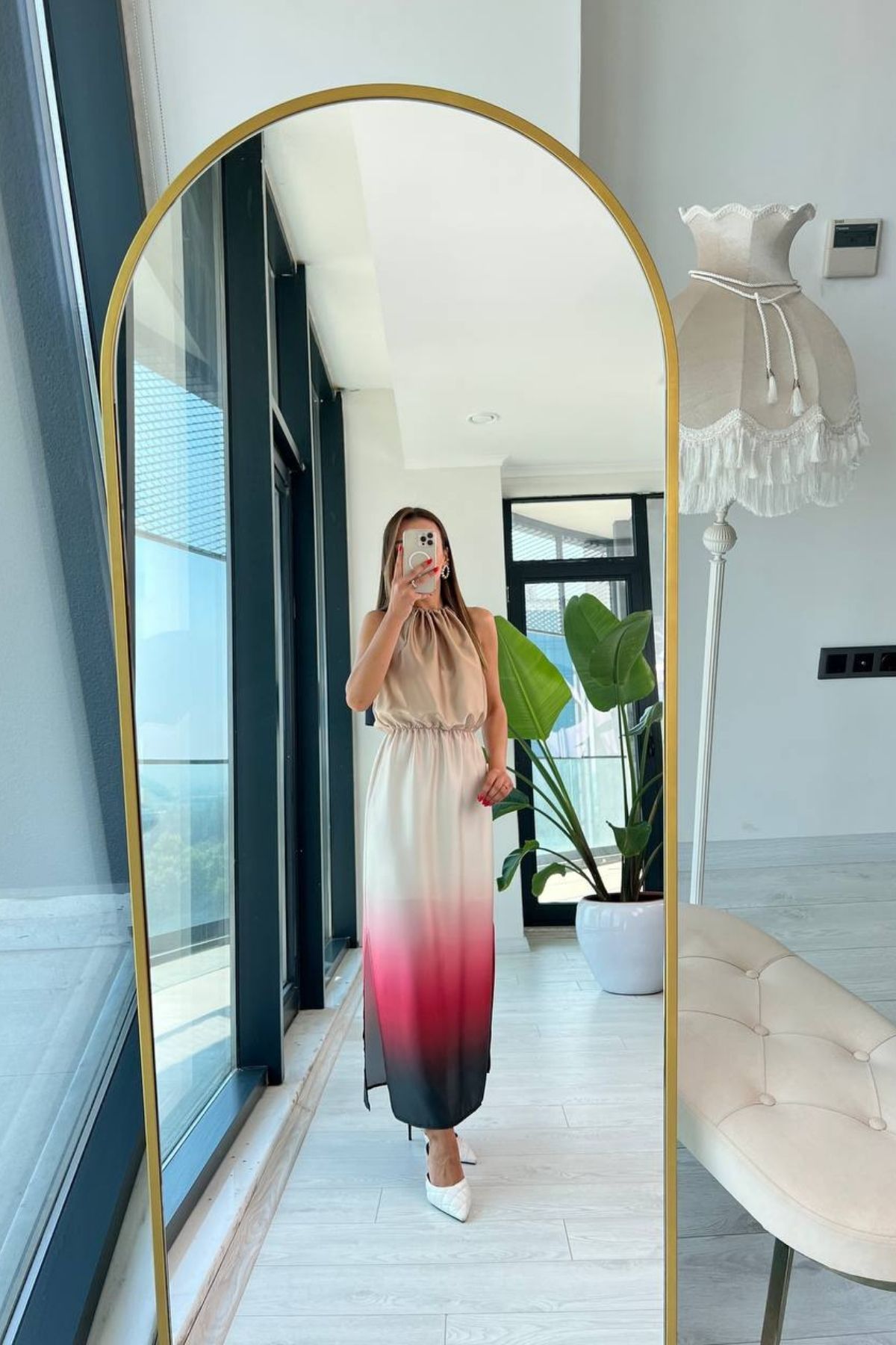 İpek%20Saten%20Geçişli%20Fuşya%20Halter%20Yaka%20Elbise