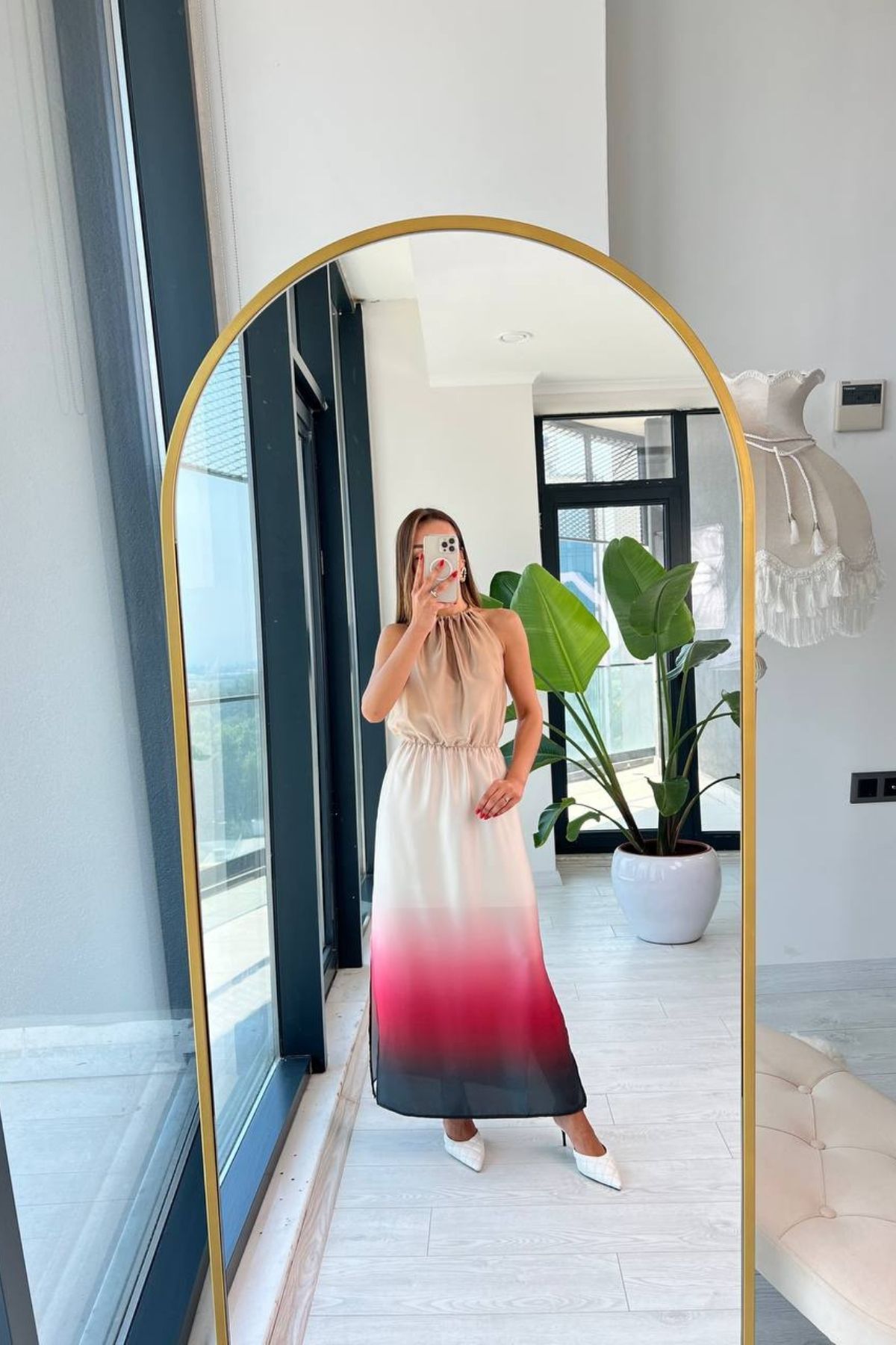 İpek%20Saten%20Geçişli%20Fuşya%20Halter%20Yaka%20Elbise