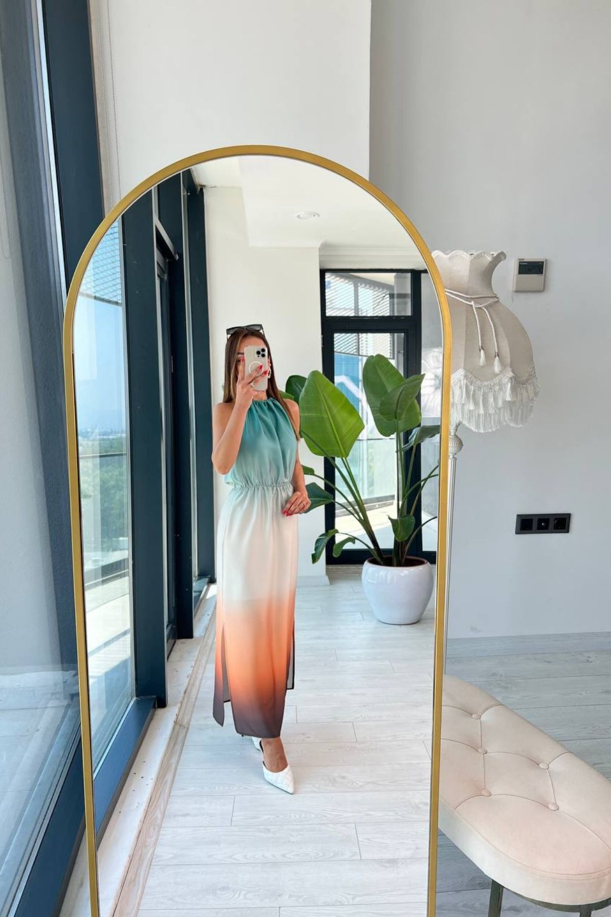 İpek%20Saten%20Geçişli%20Orange%20Halter%20Yaka%20Elbise