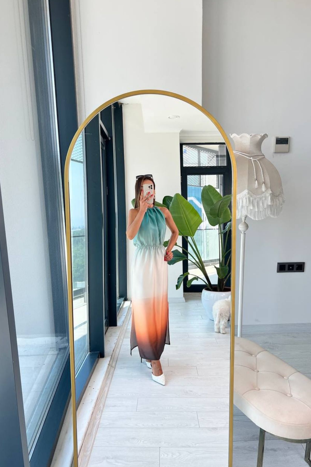 İpek%20Saten%20Geçişli%20Orange%20Halter%20Yaka%20Elbise