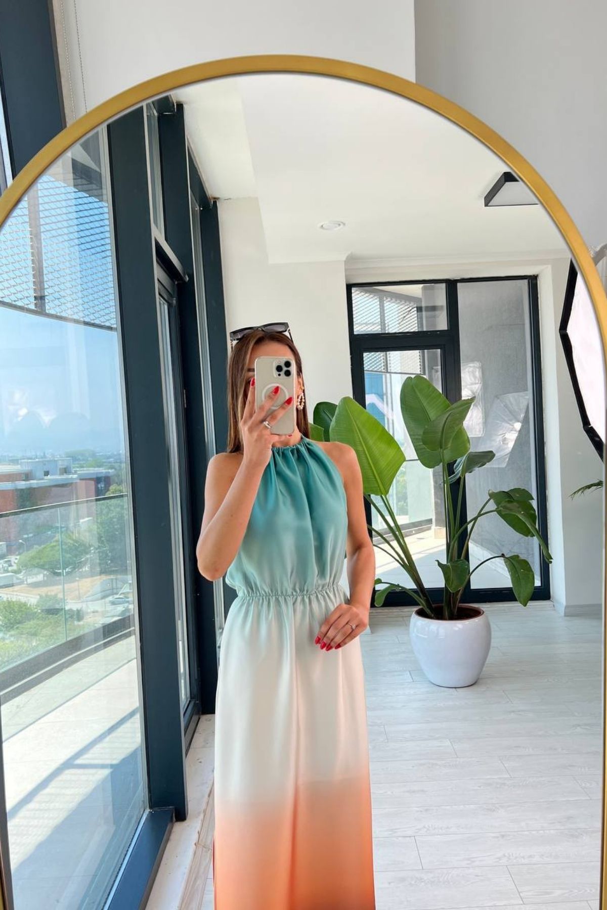 İpek%20Saten%20Geçişli%20Orange%20Halter%20Yaka%20Elbise
