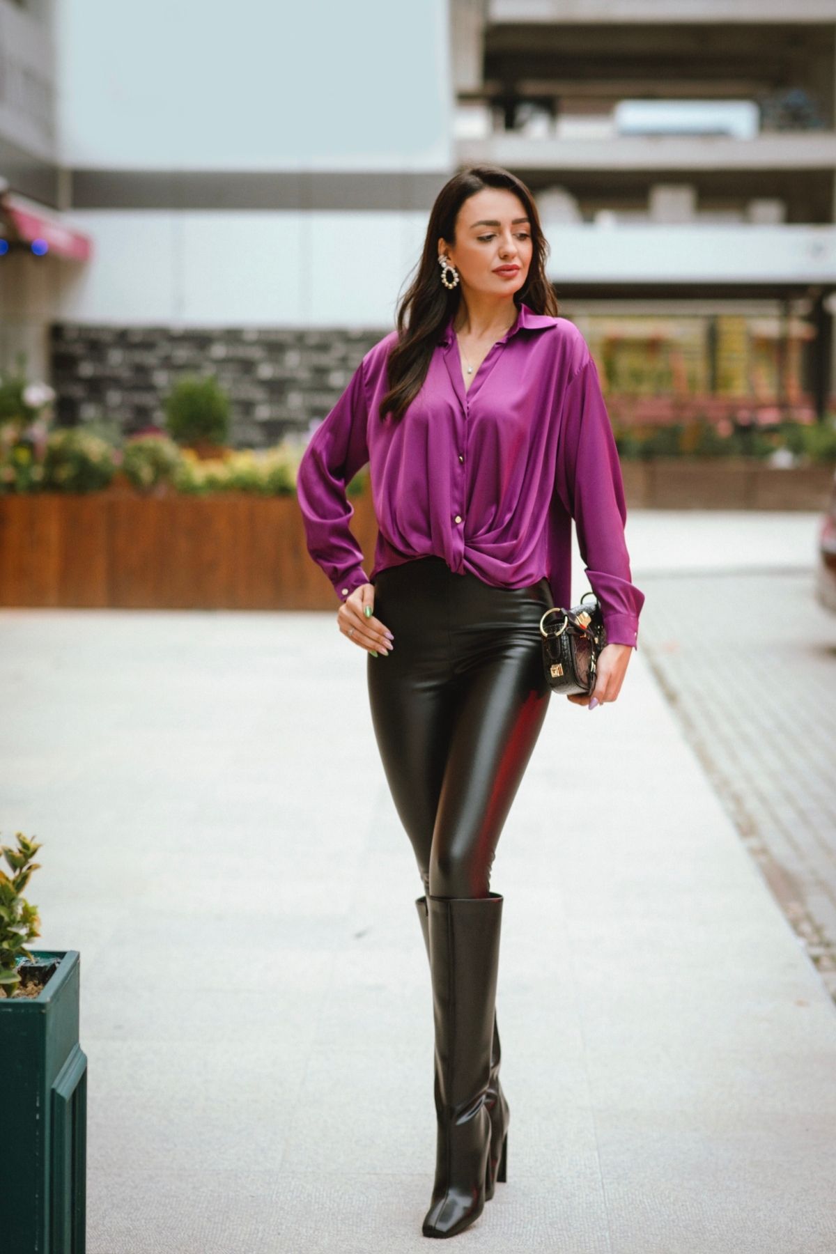 Mor%20İpek%20Saten%20Önü%20Düğümlü%20Bluz