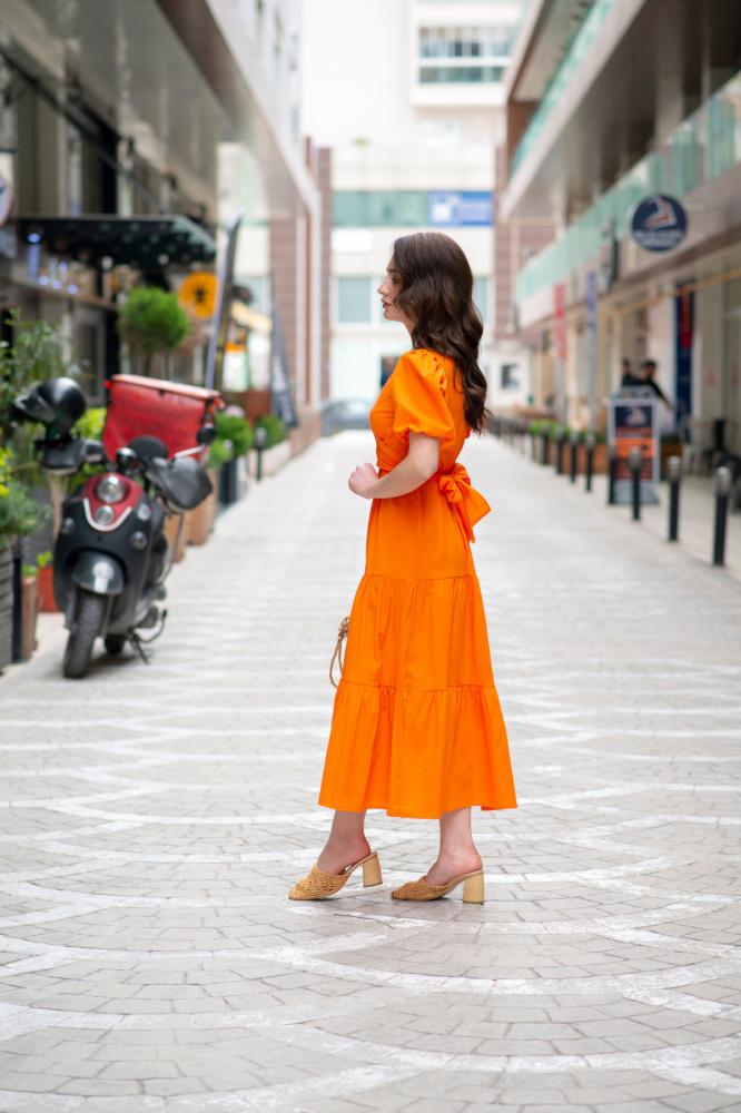 Turuncu%20Poplin%20Bağlamalı%20Elbise