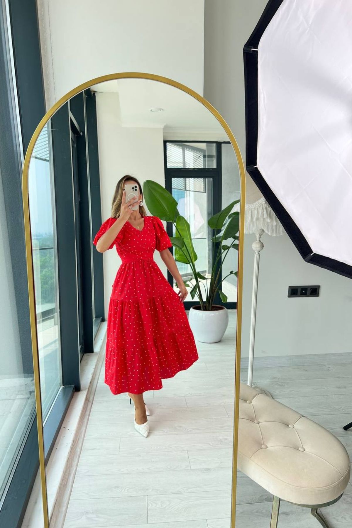Kırmızı%20%20Puantiyeli%20Poplin%20Bağlamalı%20Elbise